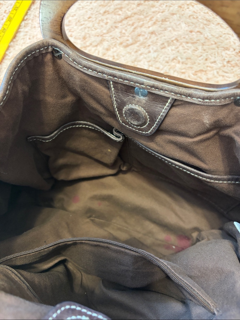 Fossil Kristy II patchwork hobo bag leather, suede, canvas wood handle crossbod - Picture 12 of 17